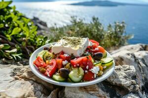 AI generated Greek salad with tomatoes, cucumbers, white feta cheese, olives and the sea in the background photo