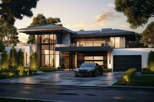 AI generated Luxury modern villa. House in modern style with garage photo