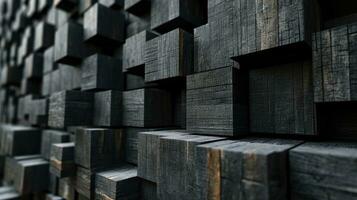 AI generated Abstract block stack wooden 3d cubes, black wood texture for backdrop photo