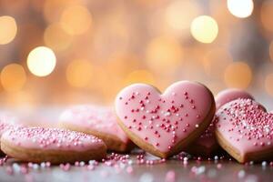 ai generado un grupo de rosado corazón conformado galletas foto