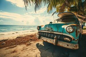 ai generado un antiguo coche estacionado en un tropical playa con un canoa en el techo. foto