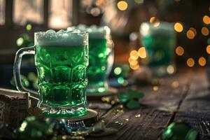 AI generated A glass of green beer on a table in a pub. St Patrick's day, holidays and celebration concept photo