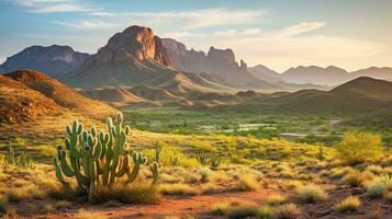 AI generated Wild West Texas desert landscape with mountains and cacti. photo