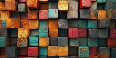 AI generated Abstract block stack wooden 3d cubes, colorful wood texture for backdrop photo