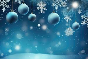 AI generated Christmas background with Christmas decorations. Blue balls and silver snowflakes photo
