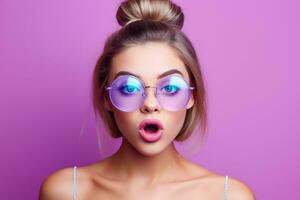 AI generated Woman with purple sunglasses and open mouth photo