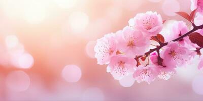 AI generated Beautiful nature spring background with a branch of blooming sakura. Copy space for text photo