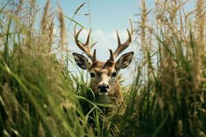 AI generated Deer head in tall grass photo