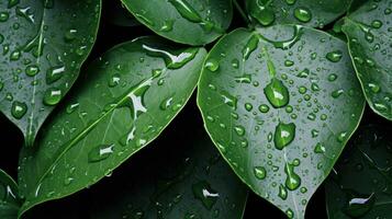 AI generated Leaves with waterdrops. Drops of transparent rain water on leaves macro. photo