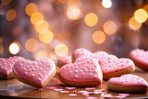 ai generado un grupo de rosado corazón conformado galletas foto