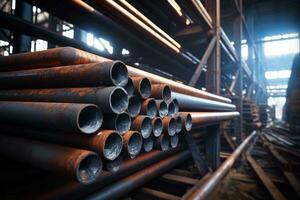 AI generated Steel pipes inside the factory or warehouse. Industrial production photo