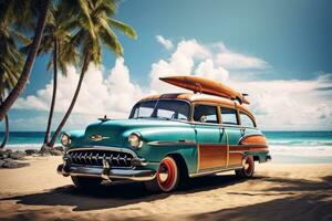 ai generado un antiguo coche estacionado en un tropical playa con un canoa en el techo. foto