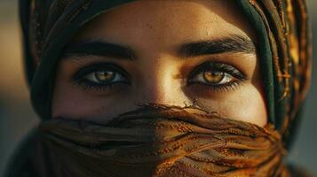 AI generated Piercing look into the eyes of an Arab woman with a headscarf photo