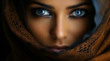 ai generado perforación Mira dentro el ojos de un árabe mujer con un Pañuelo foto