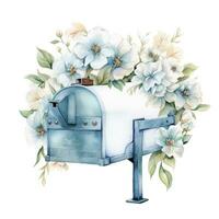 AI generated Watercolor light blue floral mailbox on a white background. AI Generated photo