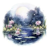 AI generated Floral Moon and Water Lilies on a white background. AI Generated photo