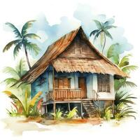 AI generated A watercolored bright serene image of a traditional bahay kubo. AI Generated photo