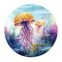 AI generated Jellyfish in an underwater landscape in a circle. AI Generated photo