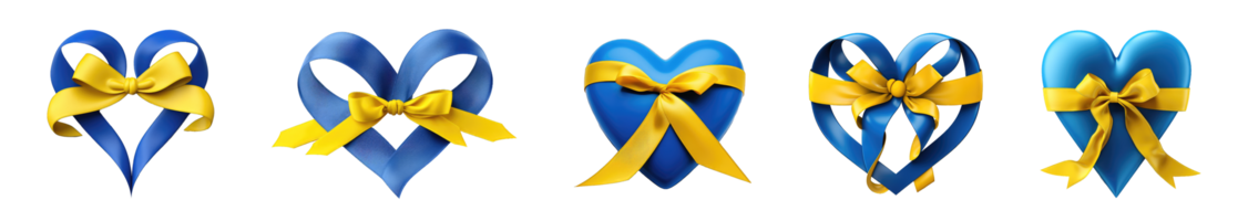 AI generated Set of Blue heart, yellow ribbon wrapping around the heart. png