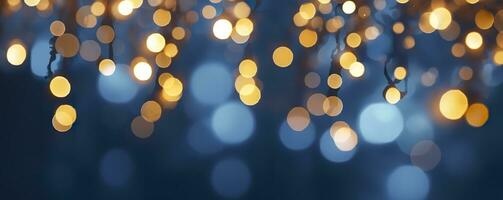 AI generated holiday illumination and decoration concept, Christmas garland bokeh lights over dark blue background. AI Generated photo