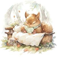 AI generated A sleepy baby squirrel in a bedding. watercolor illustration. AI Generated photo