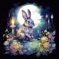 AI generated Watercolor Rabbit and Glowing Moon for T-shirt Design. AI Generated photo