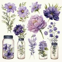 AI generated Collection of watercolor mason jars with purple flowers clipart. AI Generated photo