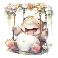 AI generated Cute happy baby rhino on swings in the tree in watercolor style. AI Generated photo