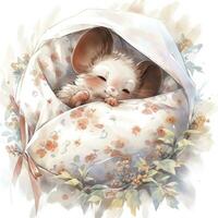 AI generated A sleepy baby mouse in a bedding, watercolor illustration.  AI Generated photo