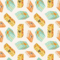 Seamless pattern with birthday gift boxes with bow in cute doodle style. Childish design with holiday clipart for wrapping paper, print, fabric, scrapbook. Bright festive background for kids vector
