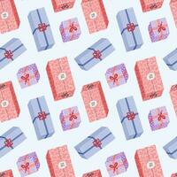 Seamless pattern with birthday gift boxes with bow in cute doodle style. Childish design with holiday clipart for wrapping paper, print, fabric, scrapbook. Bright festive background for kids. vector