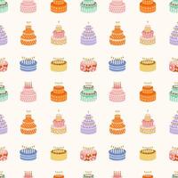 Seamless pattern with birthday cake with candles in cute doodle style. Childish design with holiday clipart for wrapping paper, print, fabric, scrapbook. Bright festive background for kids. vector