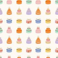 Seamless pattern with birthday cake with candles in cute doodle style. Childish design with holiday clipart for wrapping paper, print, fabric, scrapbook. Bright festive background for kids. vector