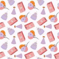 Seamless pattern with birthday party hat, cake, gift box in cute doodle style. Childish design with holiday clipart for wrapping paper, print, fabric, scrapbook. Bright festive background for kids. vector