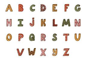 Cute funky 3d alphabet set with contrast outline and memphis decoration. Patterned bold font with shadow. Funny latin ABC with uppercase letters for book cover, logo, festival headline, greeting card vector