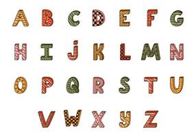 Cute funky 3d alphabet set with contrast outline and memphis decoration. Patterned bold font with shadow. Funny latin ABC with uppercase letters for book cover, logo, festival headline, greeting card vector