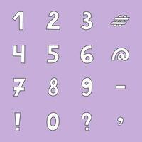 Cute black and white number set with outline. Chunky bold symbols of question, comma, dash. Funny doodle numbers and punctuation marks for cover, poster, banner. Digits for retro design and logo vector