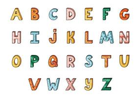 Funky doodle 3d alphabet set with hand drawn outline and memphis decoration. Patterned bold doodle font with shadow. Funny latin ABC with uppercase letters for cover, logo, headline, greeting card. vector