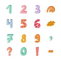 Cute funky 3d number set with memphis decoration. Patterned bold symbols with shadow. Funny numbers and punctuation marks for book cover, logotype, design template, poster, banner, greeting card. vector