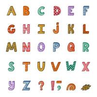 Cute funky 3d alphabet set with contrast outline and memphis decoration. Patterned bold font with shadow. Funny latin ABC with uppercase letters, punctuation marks for cover, logo, festival headline. vector