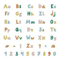 Big cute bold alphabet with uppercase and lowercase letters, punctuation marks, number set. Funky font. Funny latin ABC for book cover, headline, greeting card. Typography for retro design and logo vector