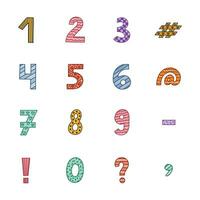 Cute funky number set with memphis decoration and contrast outline. Chunky bold symbols of question, comma, dash. Funny numbers and punctuation marks for cover, poster, banner, greeting card vector