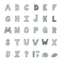 Funky 3d doodle alphabet set with hand drawn outline and memphis. Patterned bold font with shadow. Funny latin ABC with uppercase letters and punctuation marks for cover, headline, postcard vector