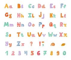 Cute funky 3d alphabet set with memphis decoration. Patterned bold font with shadow. Funny latin ABC with uppercase, lowercase letters, punctuation marks and numbers for poster, logo, headline. vector