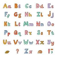 Doodle funky 3d alphabet set with hand drawn outline and memphis decoration. Patterned bold font with shadow. Funny latin ABC with uppercase letters, punctuation marks for cover, logo, headline. vector