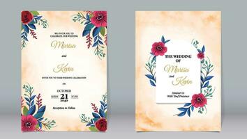 Luxury wedding invitation red rose flowers and leaves with watercolor vector
