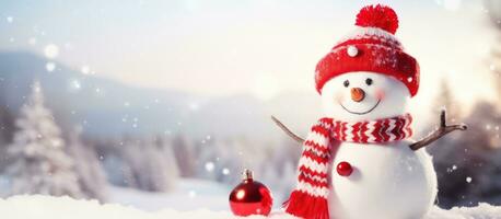 AI generated happy snowman with bright red hat and mittens in a snowy landscape photo