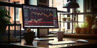 AI generated Monitor showing stock trading graph, analyzing market volatility photo