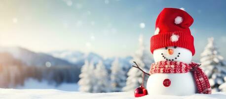 happy snowman with bright red hat and mittens in a snowy landscape photo