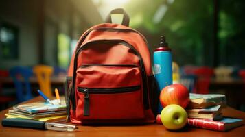 AI generated Adorable Schoolchild Backpack Filled with Essential Supplies photo